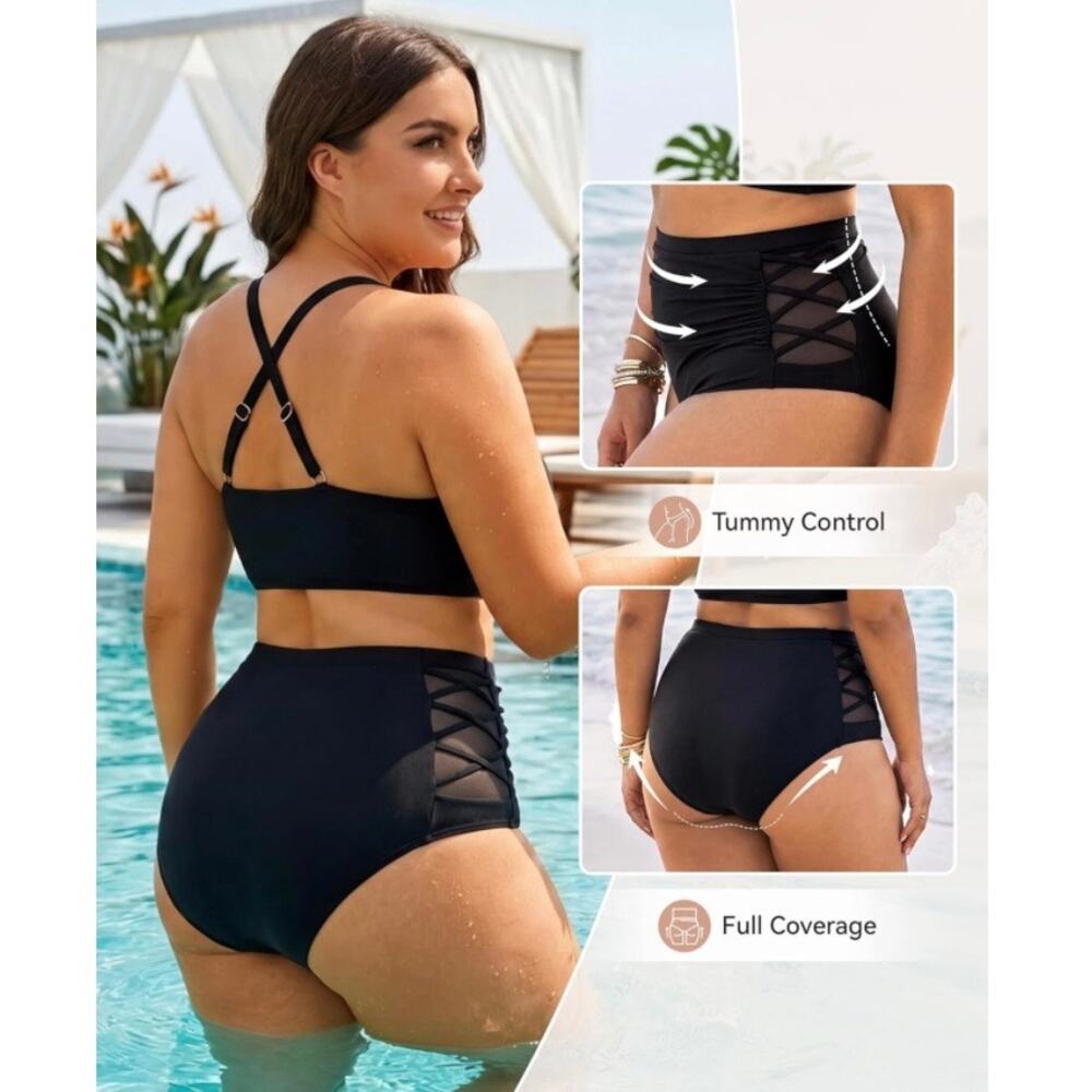 Women Plus Size Black Bikini Set High Waisted Tummy Control 3XL - Picture 4 of 6